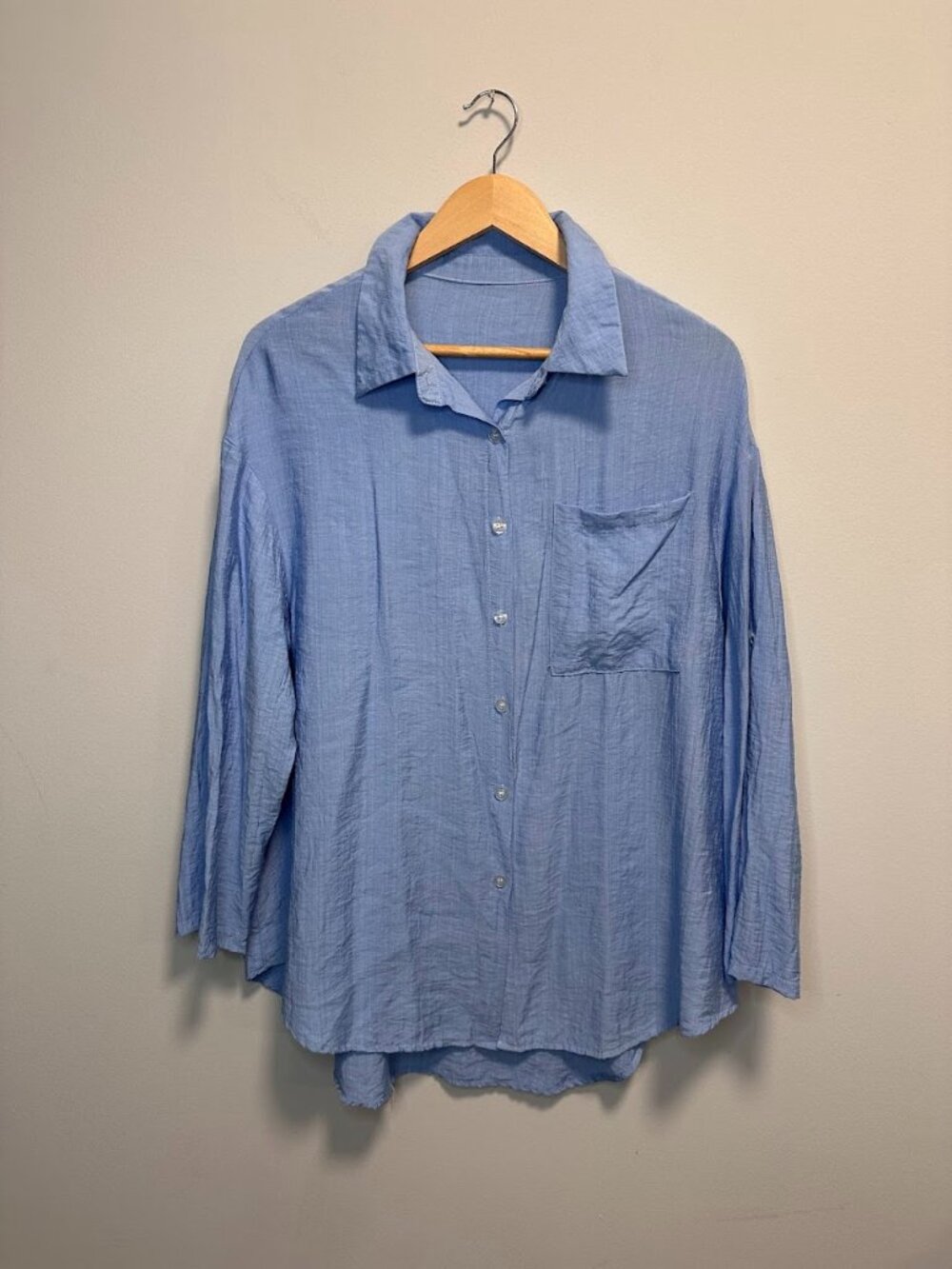 Blue Textured Button Down Faux Linen Shirt 1XL